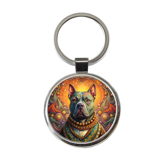 Staffordshire Bull Terrier Staffy Dog French Bohemian Art Round Metal Keychain