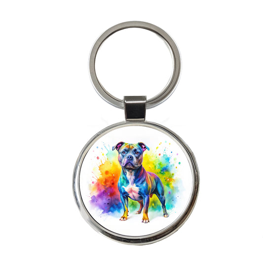 Staffordshire Bull Terrier Staffy Dog Watercolor Style Round Metal Keychain