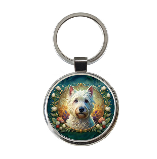 West Highland White Terrier Westie Dog Art Nouveau Round Metal Keychain