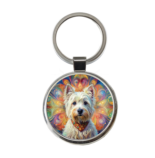 West Highland White Terrier Westie Dog Bohemian Art Round Metal Keychain