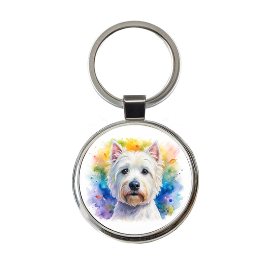 West Highland White Terrier Westie Dog Watercolor Style Round Metal Keychain