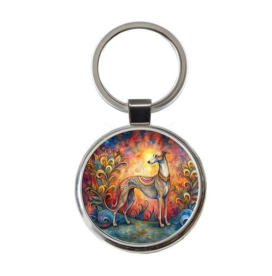 Whippet Dog Bohemian Art Round Metal Keychain