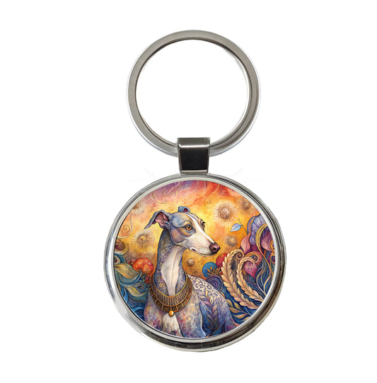 Whippet Dog French Bohemian Art Round Metal Keychain