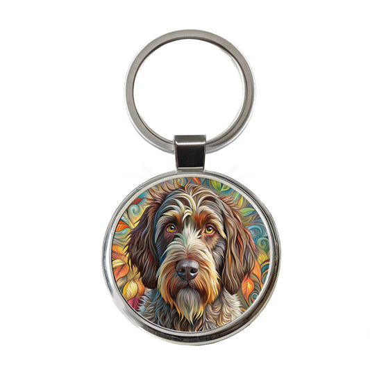Wirehaired Pointing Griffon Dog Bohemian Art Round Metal Keychain