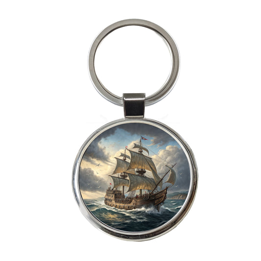 18th Century Privateer Sailing Ship At Sea Age of Sail Round Metal Keychain