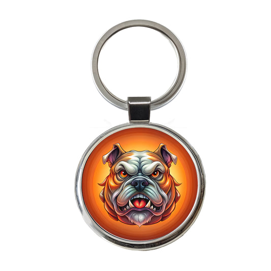 Angry Bulldog Cartoon Face Round Metal Keychain