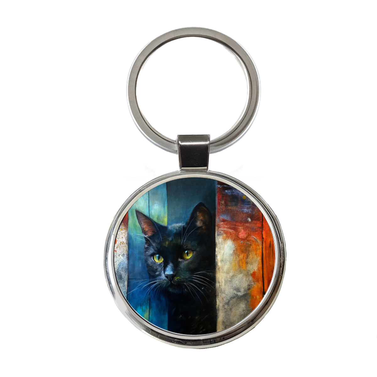Black Cat Peaking Behind Door Abstract Art Round Metal Keychain