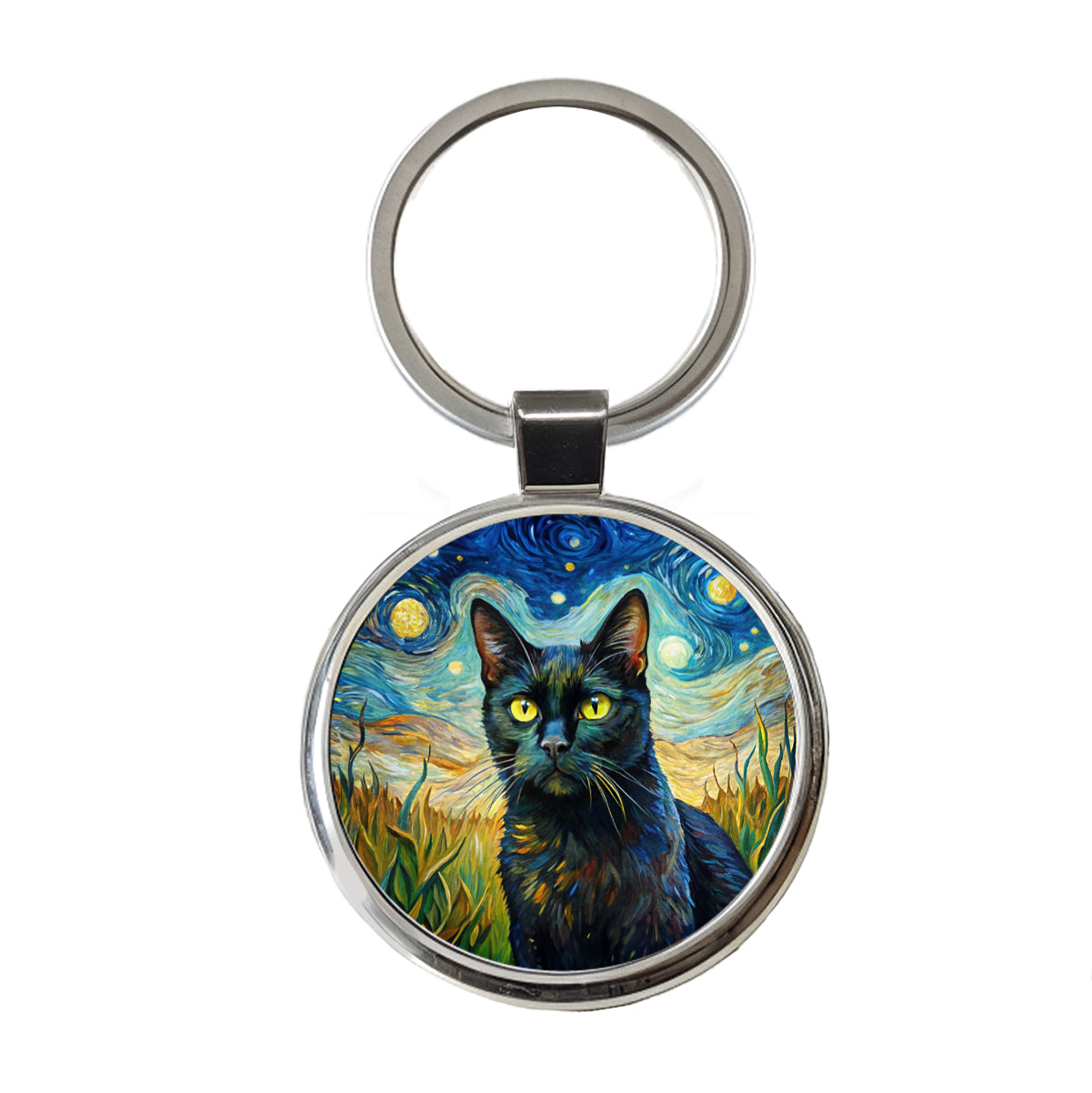 Black Cat Van Gogh Style Painting Round Metal Keychain