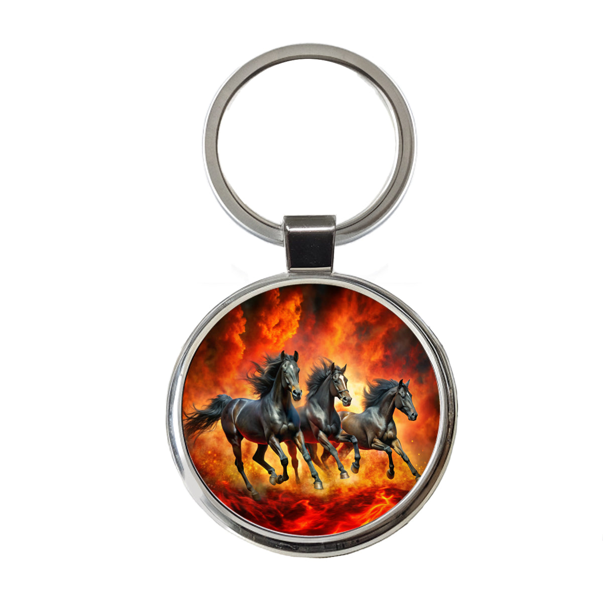 Black Horses Galloping Out of Fire Round Metal Keychain