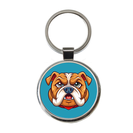 Bulldog Face Mascot Cartoon Round Metal Keychain