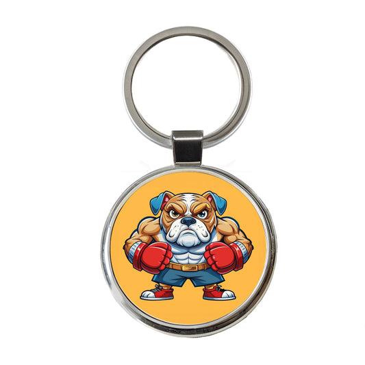 Bulldog With Boxing Gloves Cartoon Round Metal Keychain