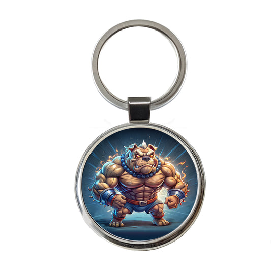 Bulldog With Huge Muscles Cartoon Round Metal Keychain