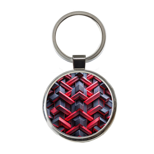 Chunky Angular Black And Red Design Pattern Round Metal Keychain