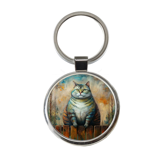 Fat Chunky Alley Cat Sitting On Fence Abstract Art Round Metal Keychain