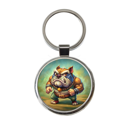 Fighting Bulldog Cartoon Round Metal Keychain