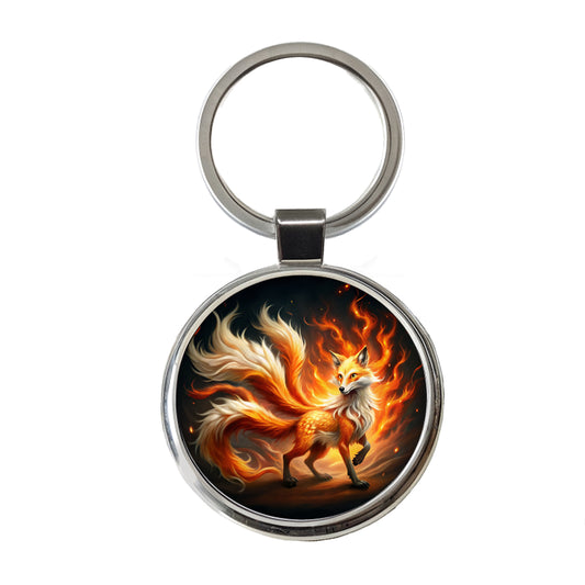 Flaming Fire Fox Kitsune Spirit Animal Round Metal Keychain