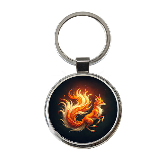 Flaming Fox Fire Kitsune Round Metal Keychain