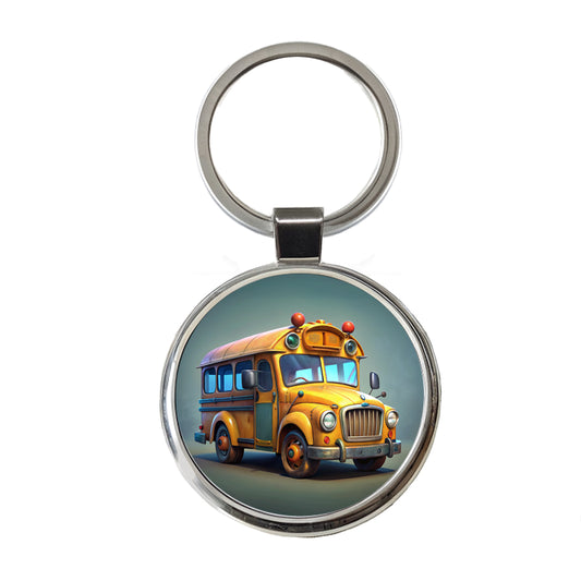 Funny School Short Bus Round Metal Keychain