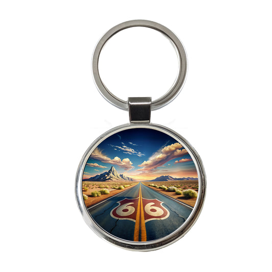 Highway Route 66 Southwest Art Round Metal Keychain