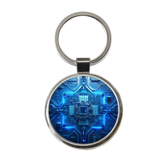 Intricate Blue Circuit Board Round Metal Keychain