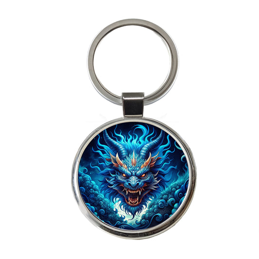 Japanese Asian Blue Spirit Dragon Art Round Metal Keychain