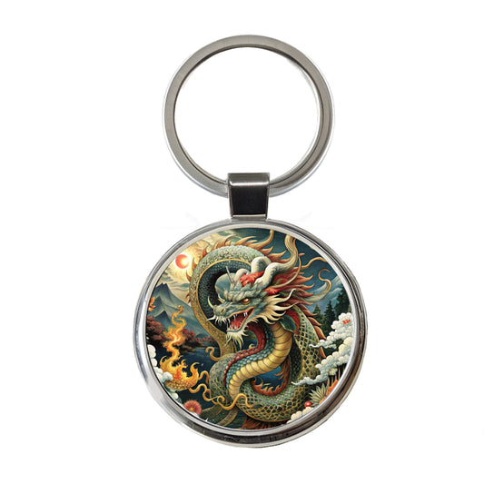 Japanese Asian Dragon Serpent Spirit Art Round Metal Keychain