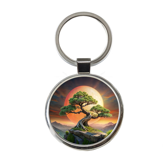 Japanese Bonsai Tree Landscape Round Metal Keychain