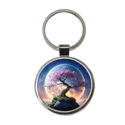 Japanese Bonsai Tree With Pink Flowers On Hill Under Large Moon Round Metal Keychain