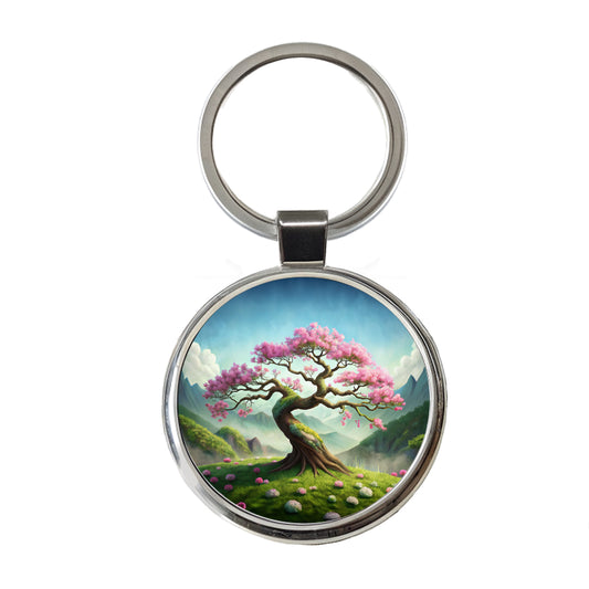 Japanese Bonsai Tree With Pink Flowers On Hillside Round Metal Keychain
