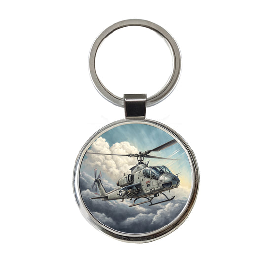 Military Attack Helicopter In Flight Round Metal Keychain