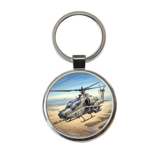 Military Gunship Helicopter In Flight Round Metal Keychain
