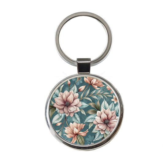 Minimalist Flowers Floral Pattern Round Metal Keychain