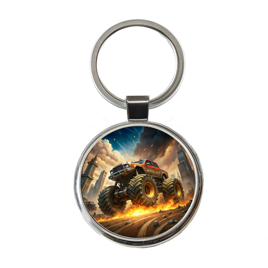 Monster Off-Road Truck Demolishing Cars Round Metal Keychain