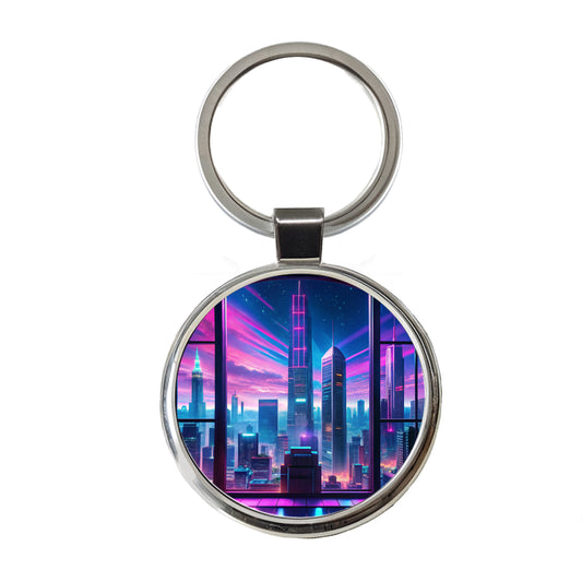 Neon Cityscape As Seen Through Skyscraper Window Purple Blue Round Metal Keychain