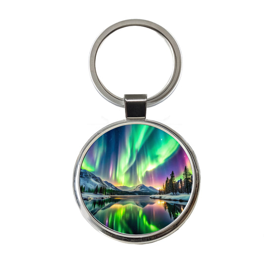 Northern Lights Over Lake Round Metal Keychain