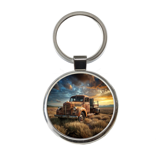 Old Rusted Retro Classic Truck Sitting In Field Round Metal Keychain
