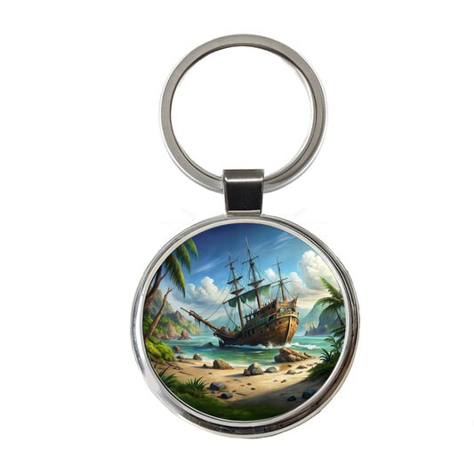 Pirate Sailing Ship Shipwreck Round Metal Keychain