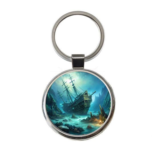 Pirate Ship Shipwreck Under The Ocean Round Metal Keychain