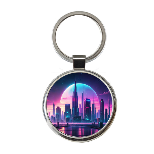 Purple Neon Sci-fi City Horizon Round Metal Keychain