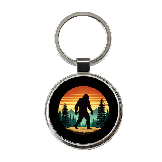 Retro Bigfoot Walking In The Forest Round Metal Keychain
