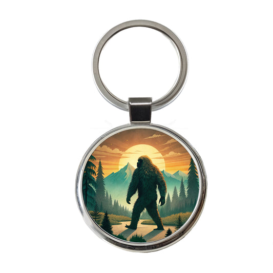 Retro Bigfoot Walking In The Woods At Sunset Round Metal Keychain