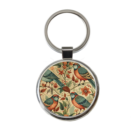 Retro Birds Floral Pattern Vintage Design Round Metal Keychain