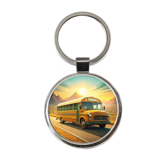 Retro School Bus On Road Round Metal Keychain