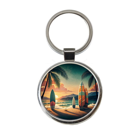 Retro Surfboards On Beach Tropical Sunset Illustration Round Metal Keychain