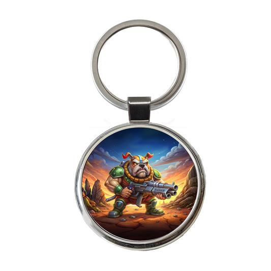 Sci-fi Cartoon Bulldog With Giant Gun Round Metal Keychain