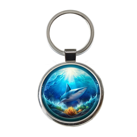 Shark Ocean Bubble Round Metal Keychain