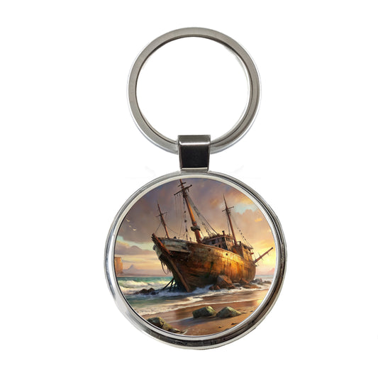 Shipwreck on the Beach Round Metal Keychain
