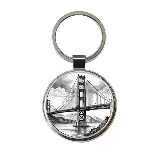 Sketch Of Golden Gate Bridge San Francisco California Round Metal Keychain