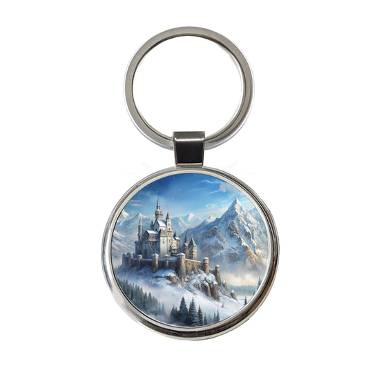 Snow Covered Castle In Mountains Landscape Round Metal Keychain