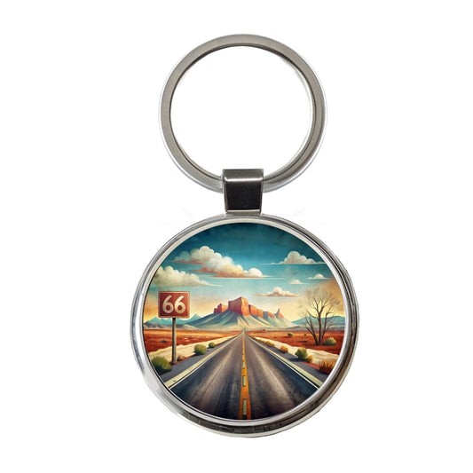 Southwest Highway Route 66 Art Round Metal Keychain